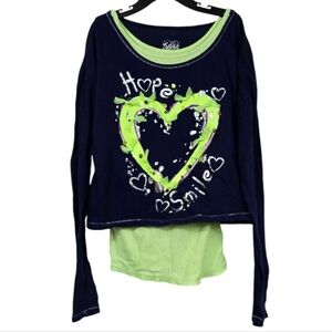 Justice Girls 12 Navy Lime Green Top Long Sleeve Layered Look Spring Knit Tee